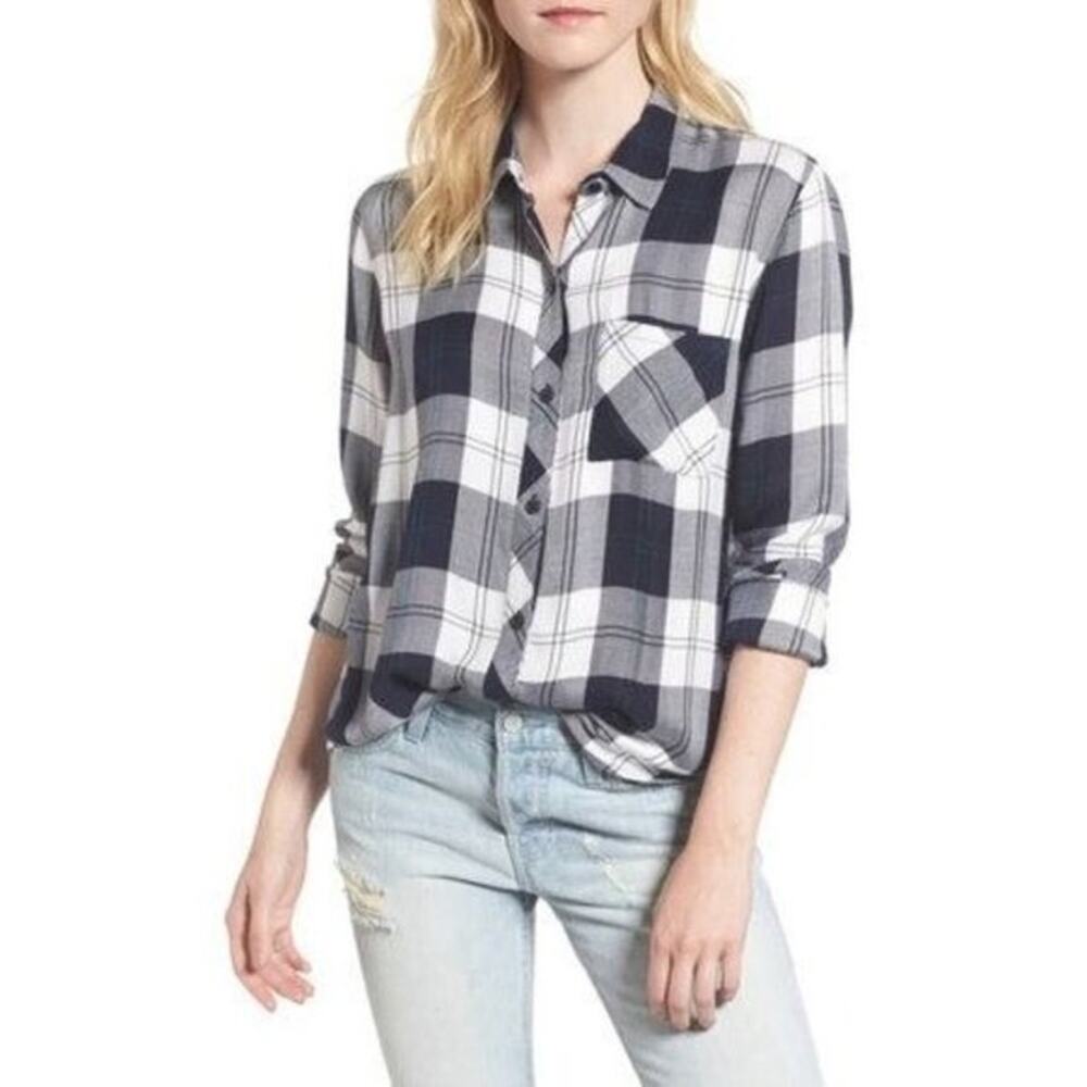 Rails Navy and Green Flannel Button Up Blouse Collared Soft Size Small